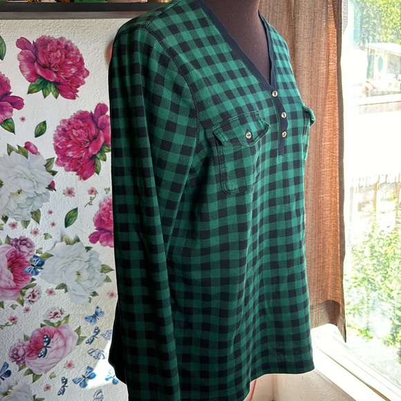 Chaps Classics, long sleeve green/black checkered pull over casual top. Size 1X - Picture 5 of 17